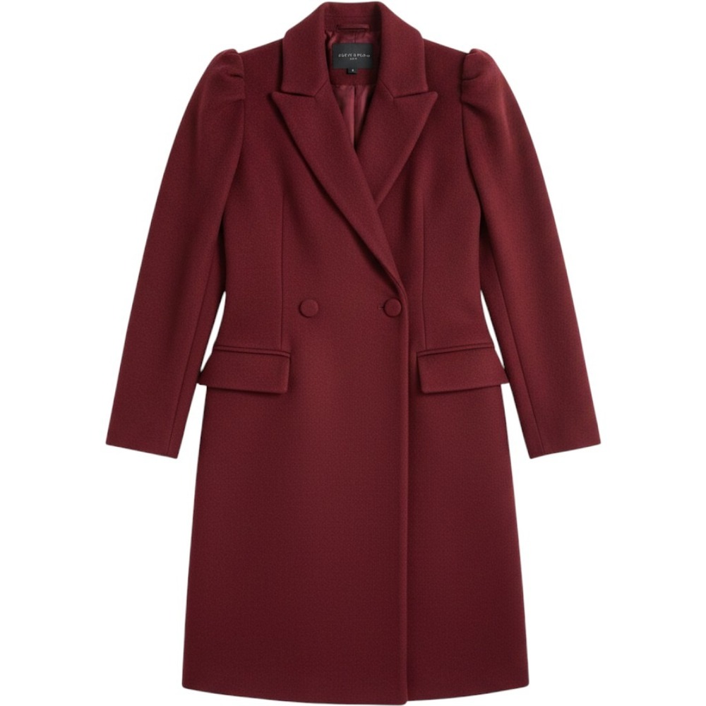 Express Women's Double Breasted Burgandy Maroon Puff Sleeve Long Coat Size S